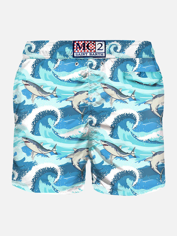 Light fabric man swim shorts sharks print