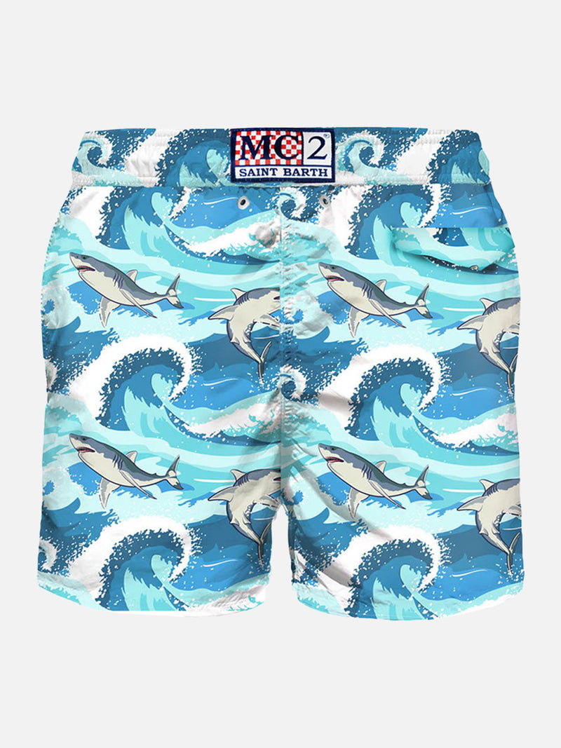 Herren-Badeshorts aus leichtem Stoff mit Hai-Print