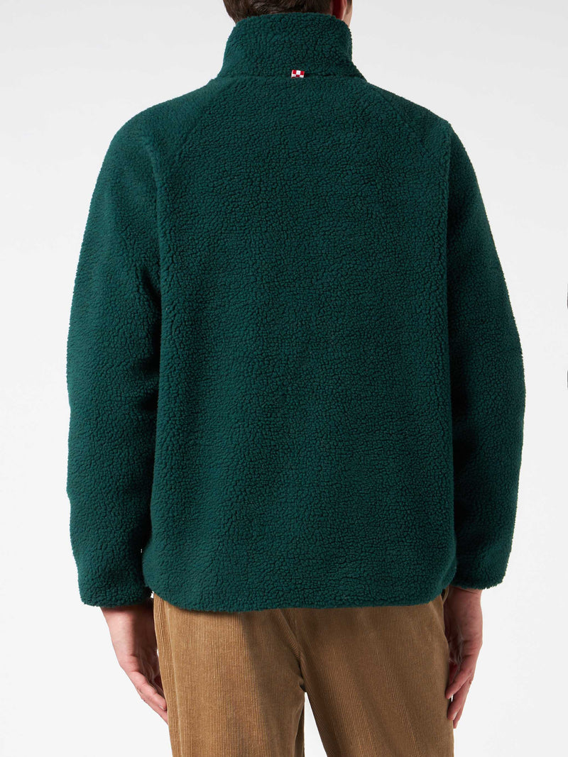 Grüne Sherpa-Jacke für Herren mit karierten aufgesetzten Taschen