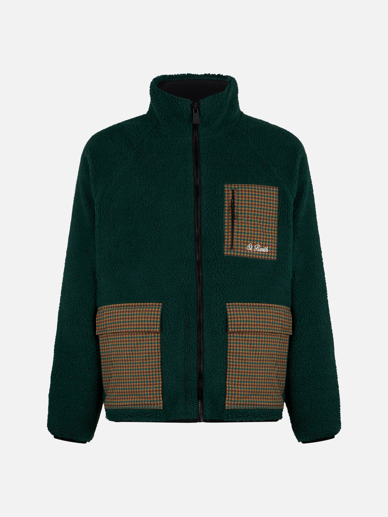 Man green sherpa jacket with check patch pockets