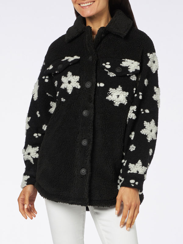Woman sherpa overshirt with snow flakes print