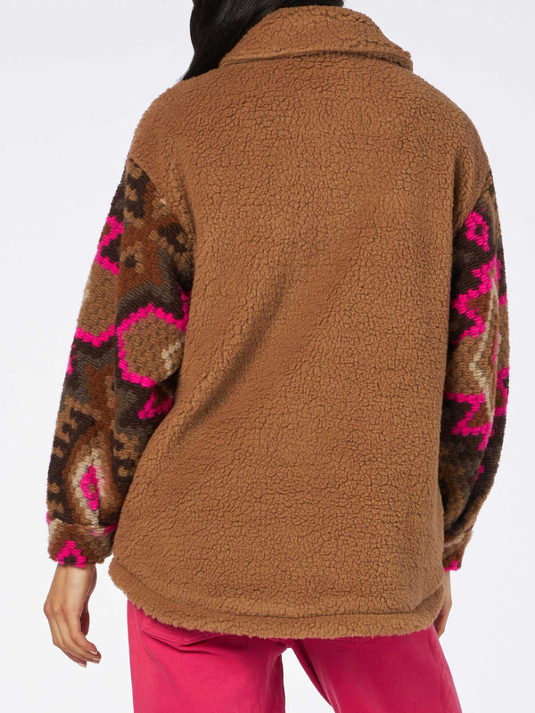 Woman sherpa overshirt with ethnic print