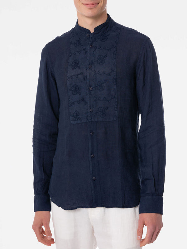 Camicia da uomo in lino blu con ricamo fiori