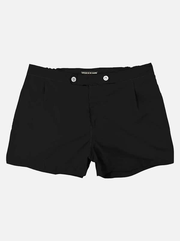 Einfarbige schwarze Badeshorts mit Knopfverschluss vorne