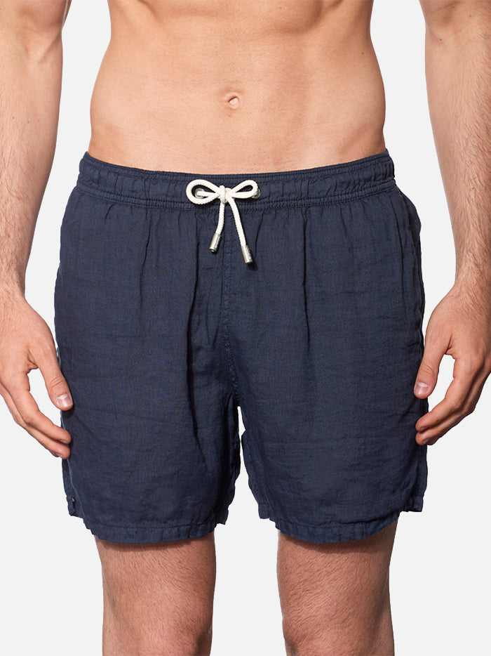 Solid blue mid-length linen swim shorts