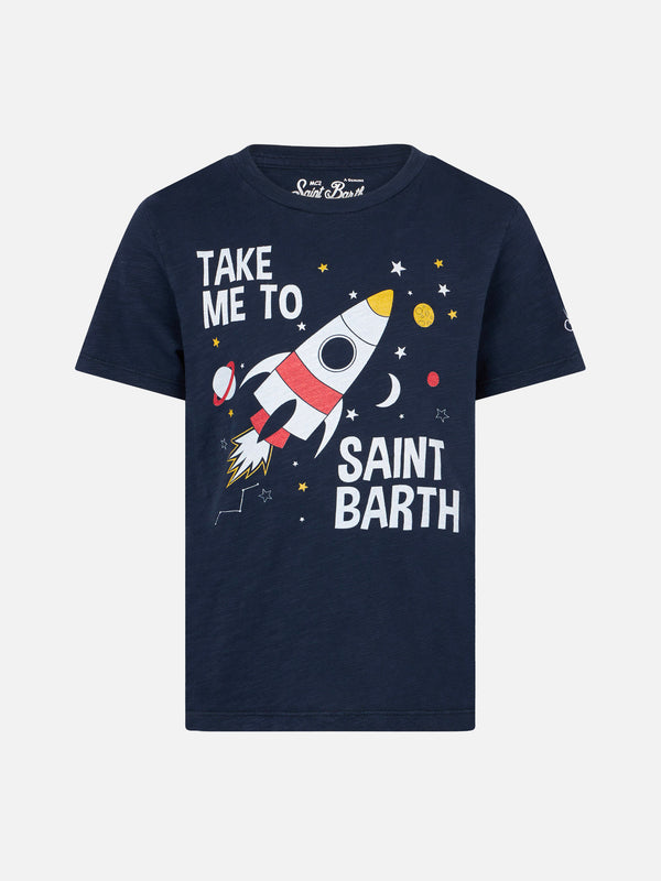 Blaues Jungen-T-Shirt mit Weltraumrakete