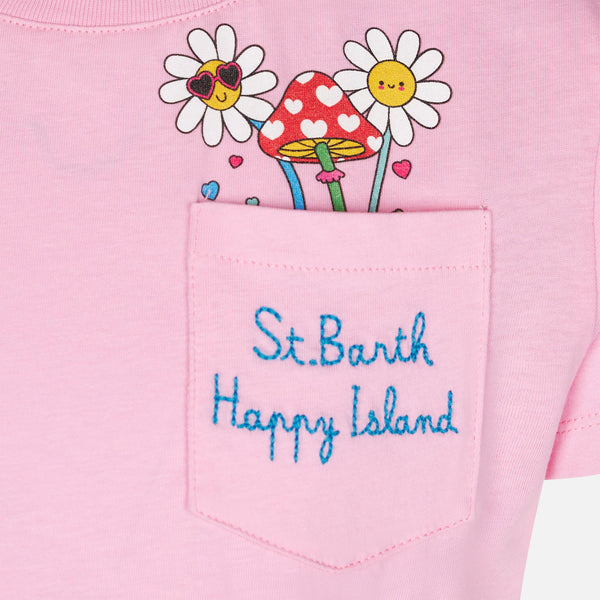 Baumwoll-T-Shirt für Mädchen mit St. Barth Happy Island-Stickerei