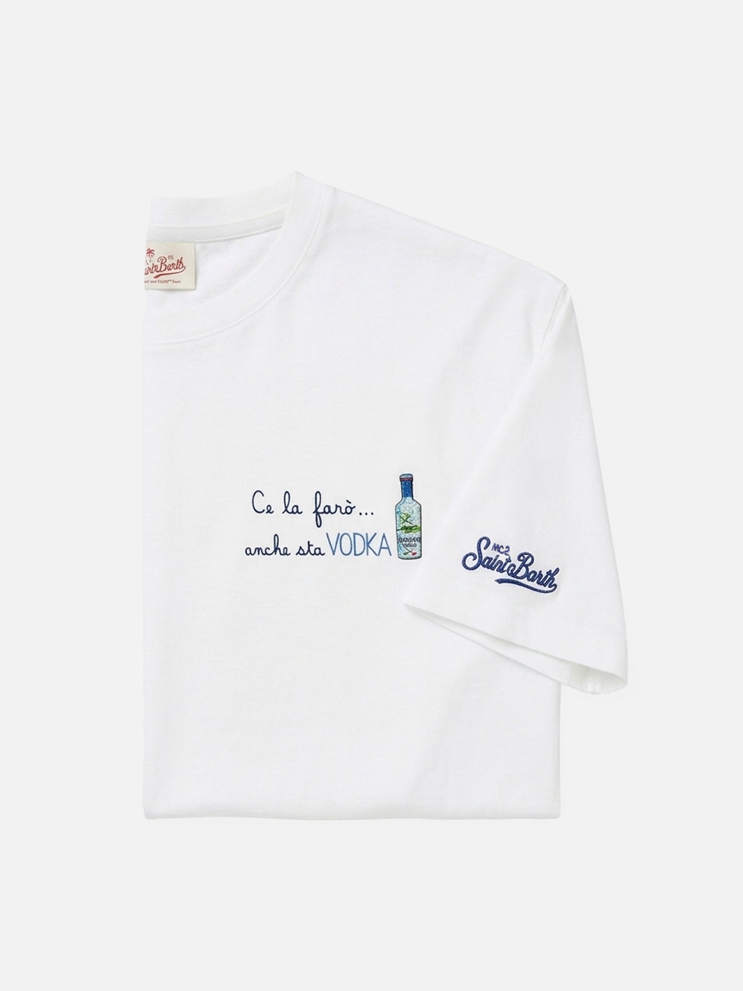 Arnott cotton T-shirt in white with Ce la farò anche sta Vodka embroidery