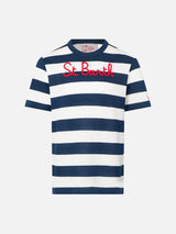 T-shirt da bambino a righe blu con ricamo St. Barth