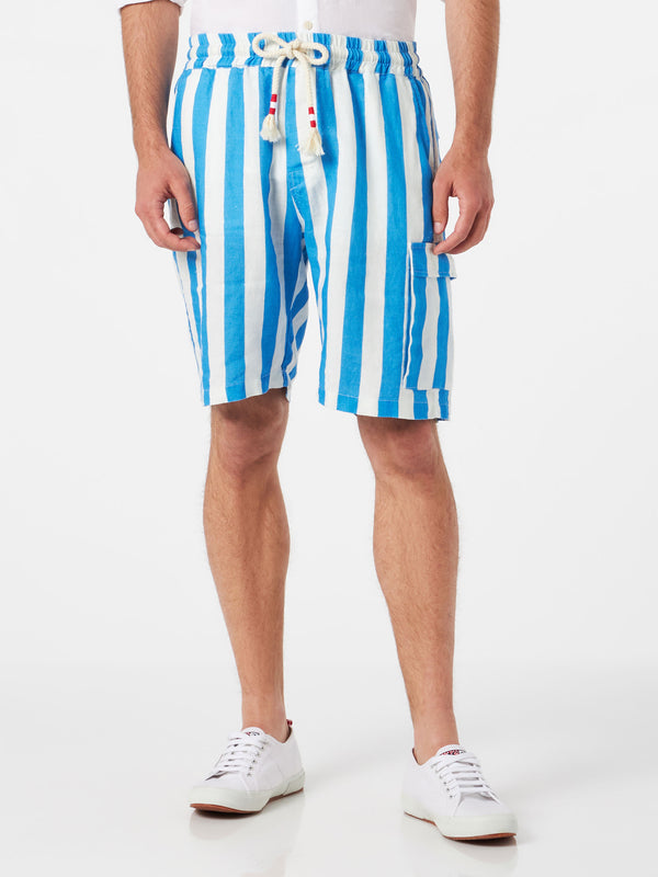 Man linen bermuda shorts with white and bluette stripes