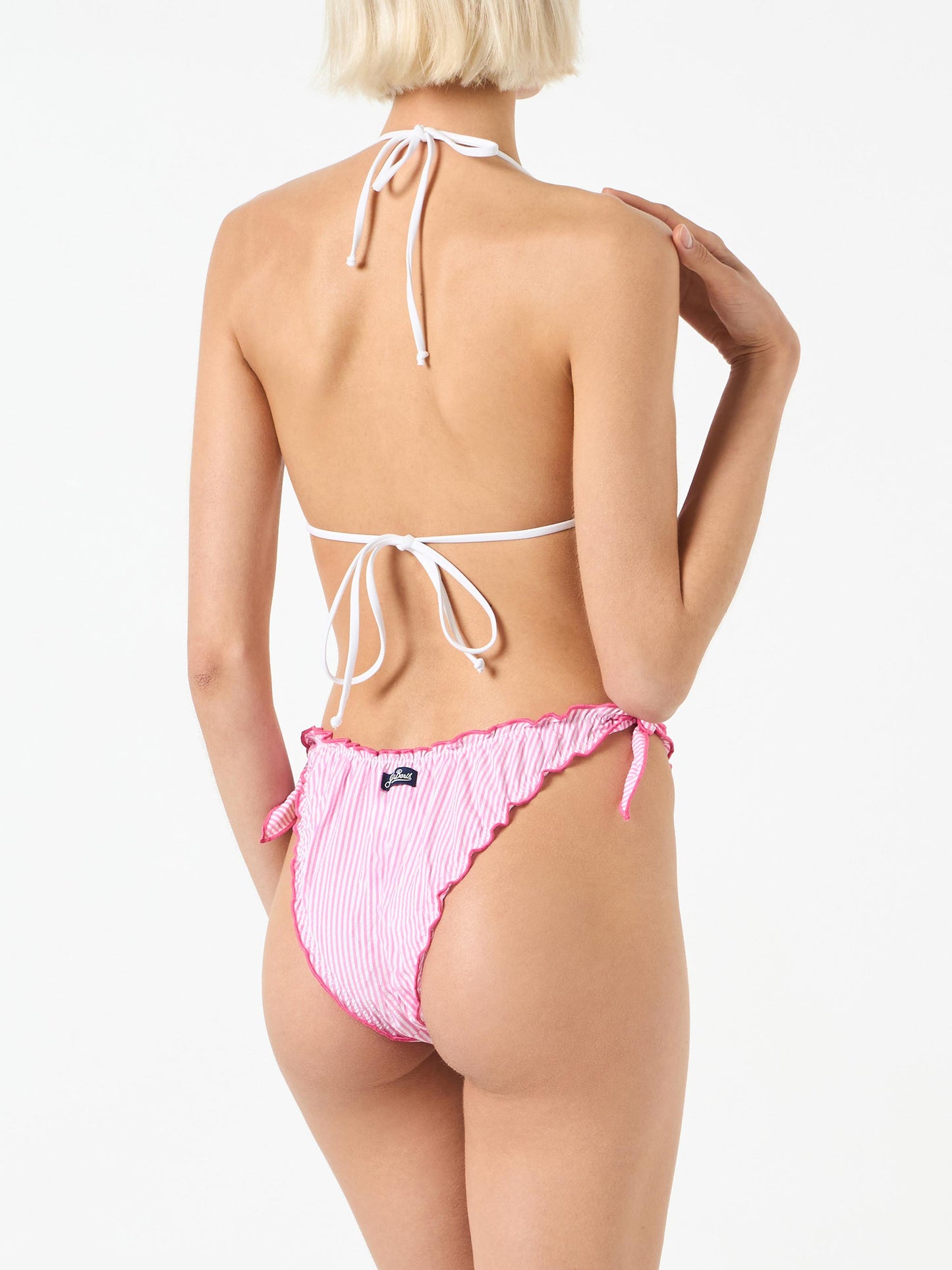 Bikini da donna a triangolo in seersucker con stampa a righe