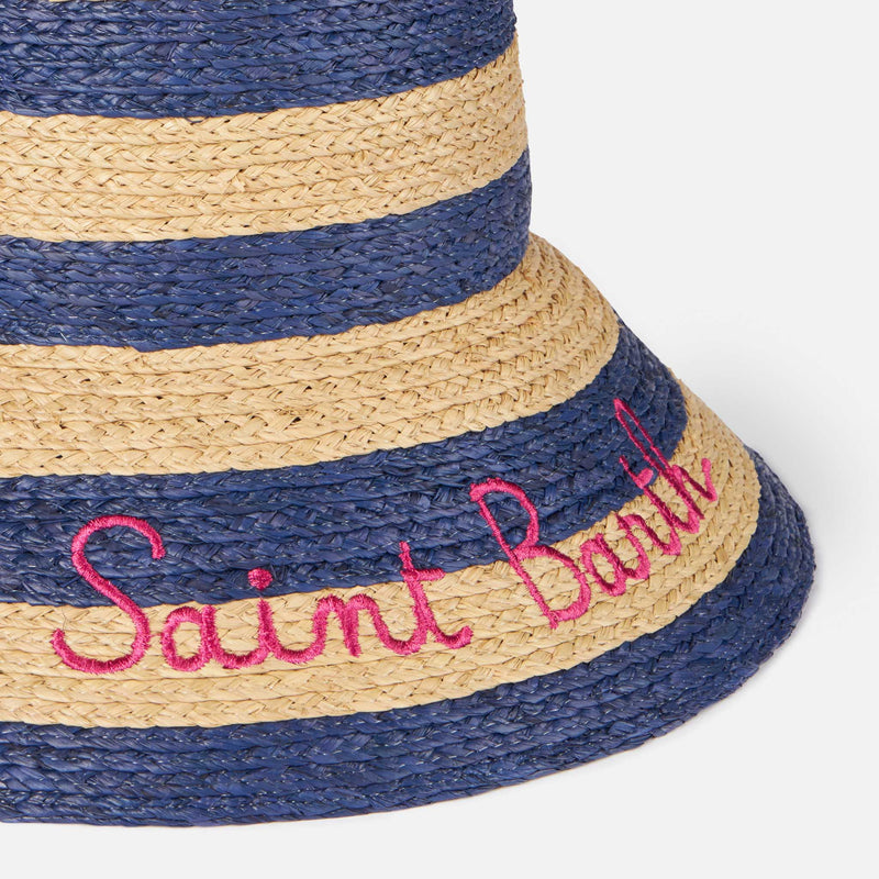 Woman straw bucket with front embroidery and stripes