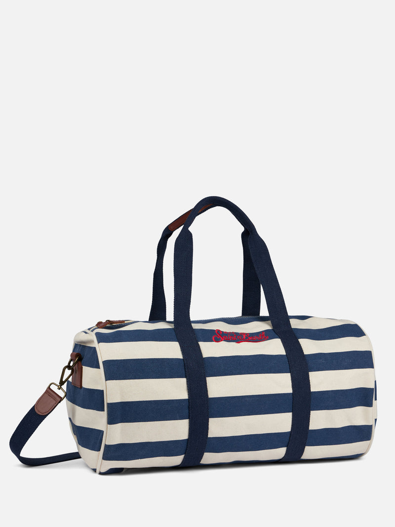 Travel duffel bag with blue stripes