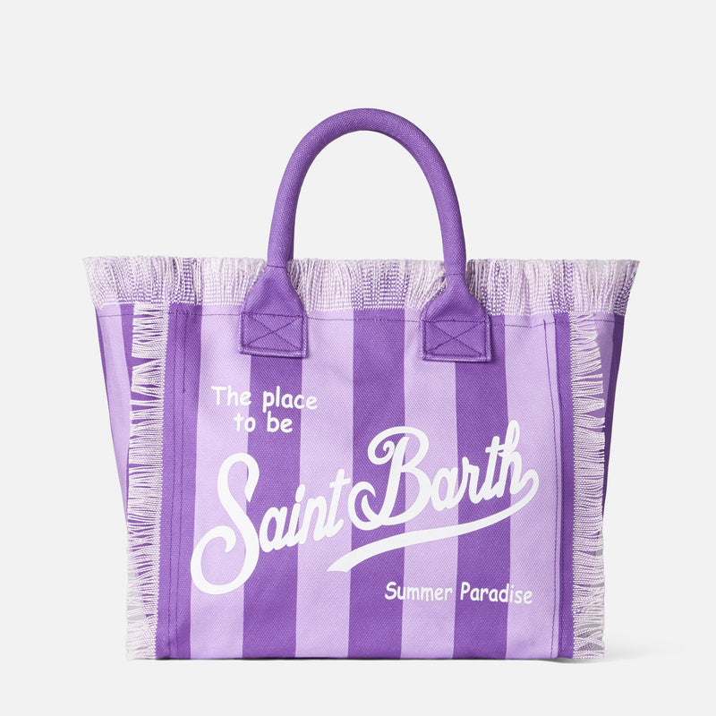 Vanity canvas shoulder bag with lilac and purple stripes