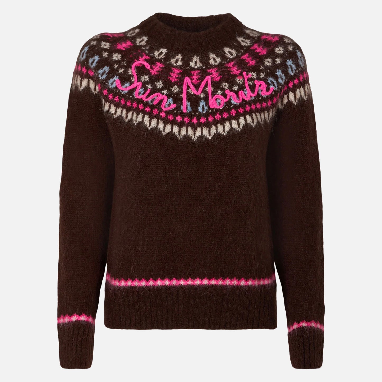 Woman brown crewneck nordic jacquard sweater