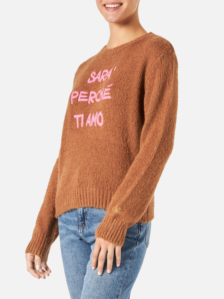 Maglione da donna garzato marrone con ricamo