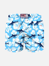 Boy swim shorts with flocked shark print