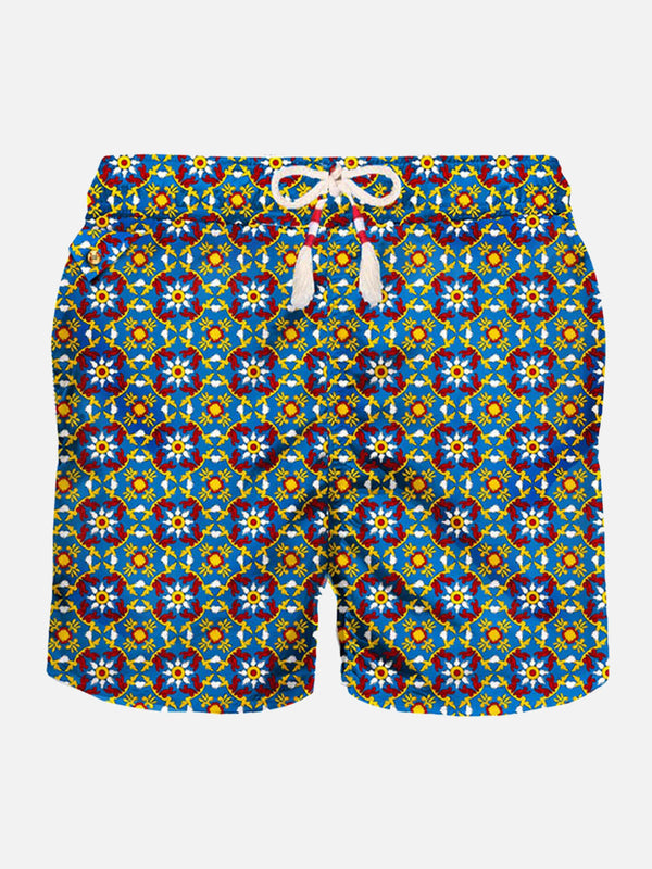 Man light fabric swim shorts with pattern