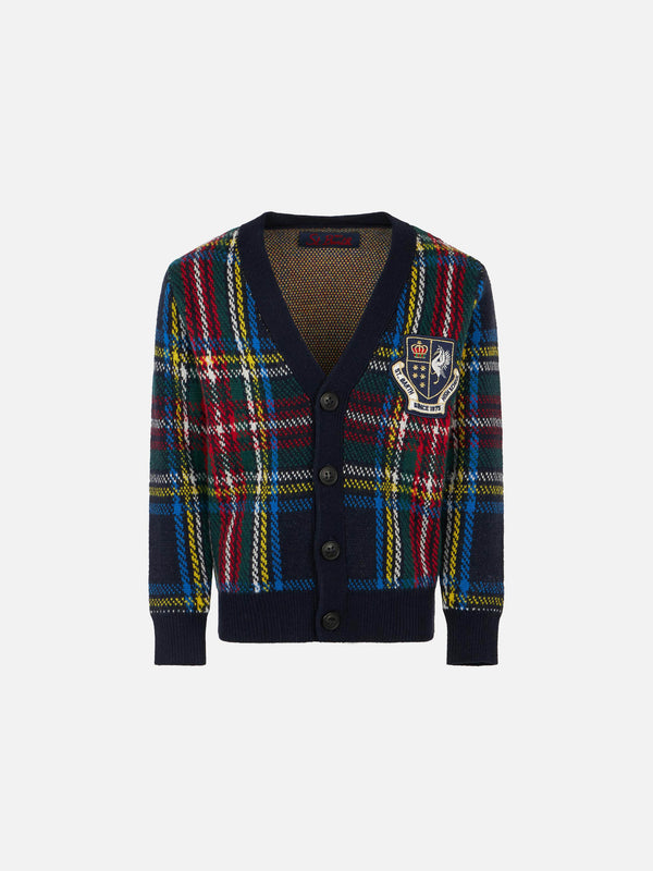 Tartan knitted cardigan with patch