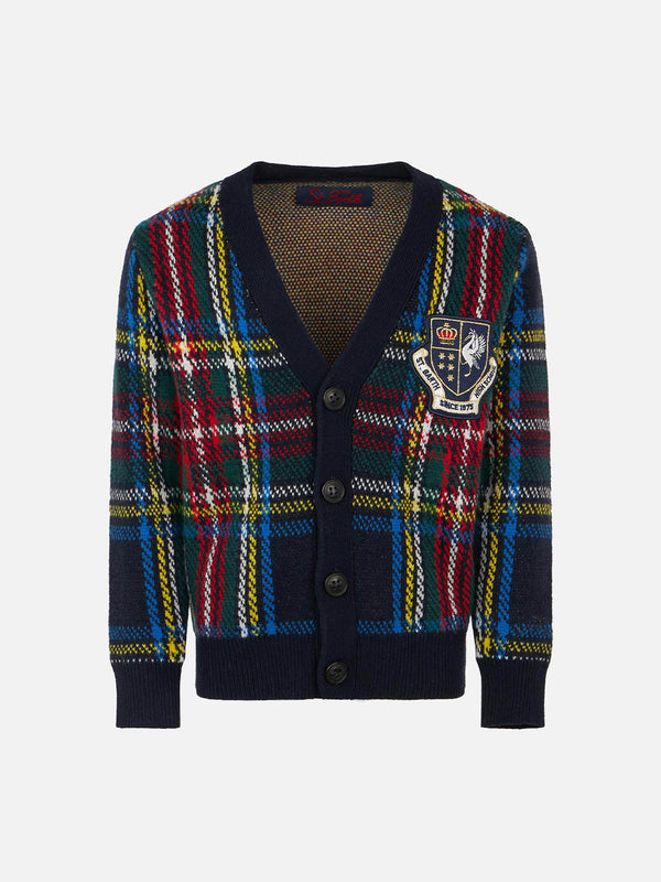 Cardigan in maglia tartan con patch