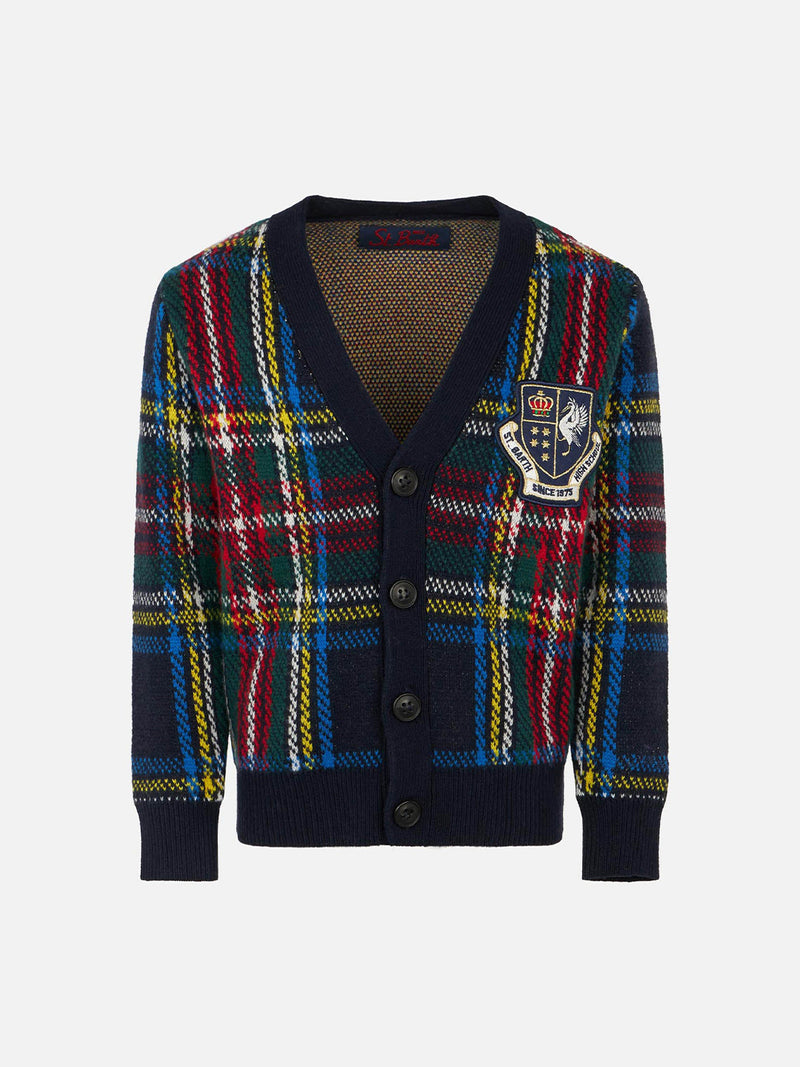 Tartan knitted cardigan with patch