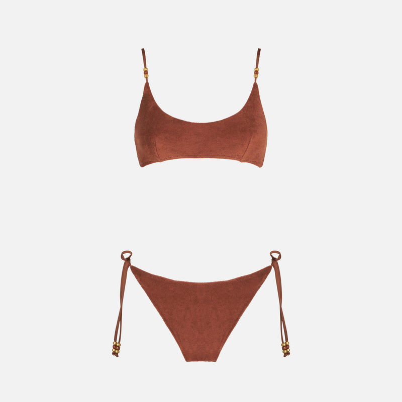 Brauner Frottee-Bralette-Bikini für Damen