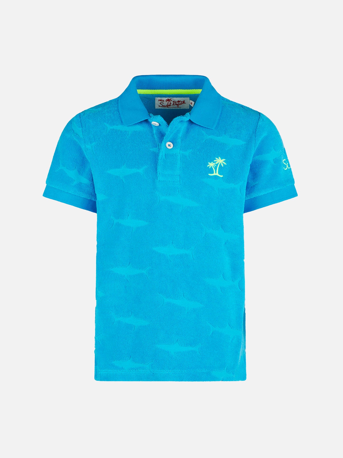 Blaues Jungen-Poloshirt mit aufgeprägten Haifischen aus Frottee