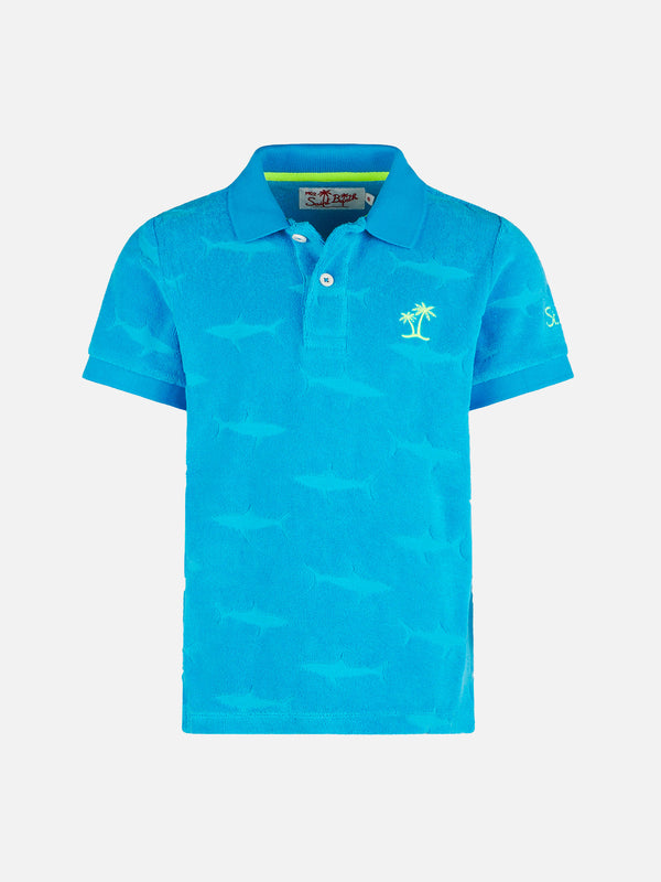 Boy bluette polo with terry embossed sharks