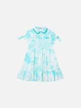 Mädchenkleid mit wassergrünem Toile de Jouy-Muster