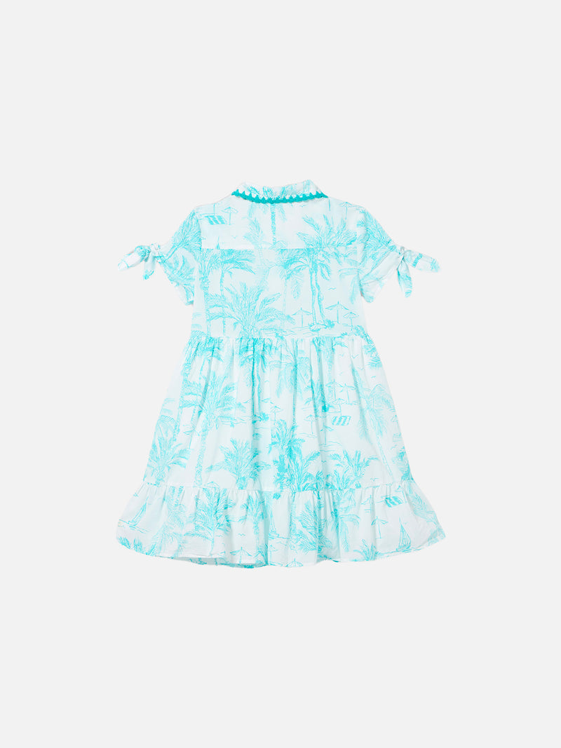 Girl dress with water green toile de jouy pattern