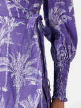 Kurzes Kleid aus glänzendem Leinen mit Toile-de-Jouy-Print