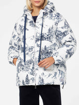 Woman hooded down padded jacket with toile de jouy print