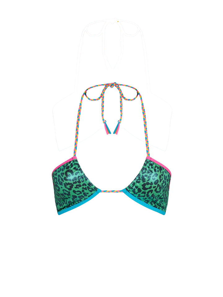 Green leopard bandeau top with piping