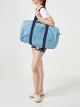 Travel duffel bag with blue stripes