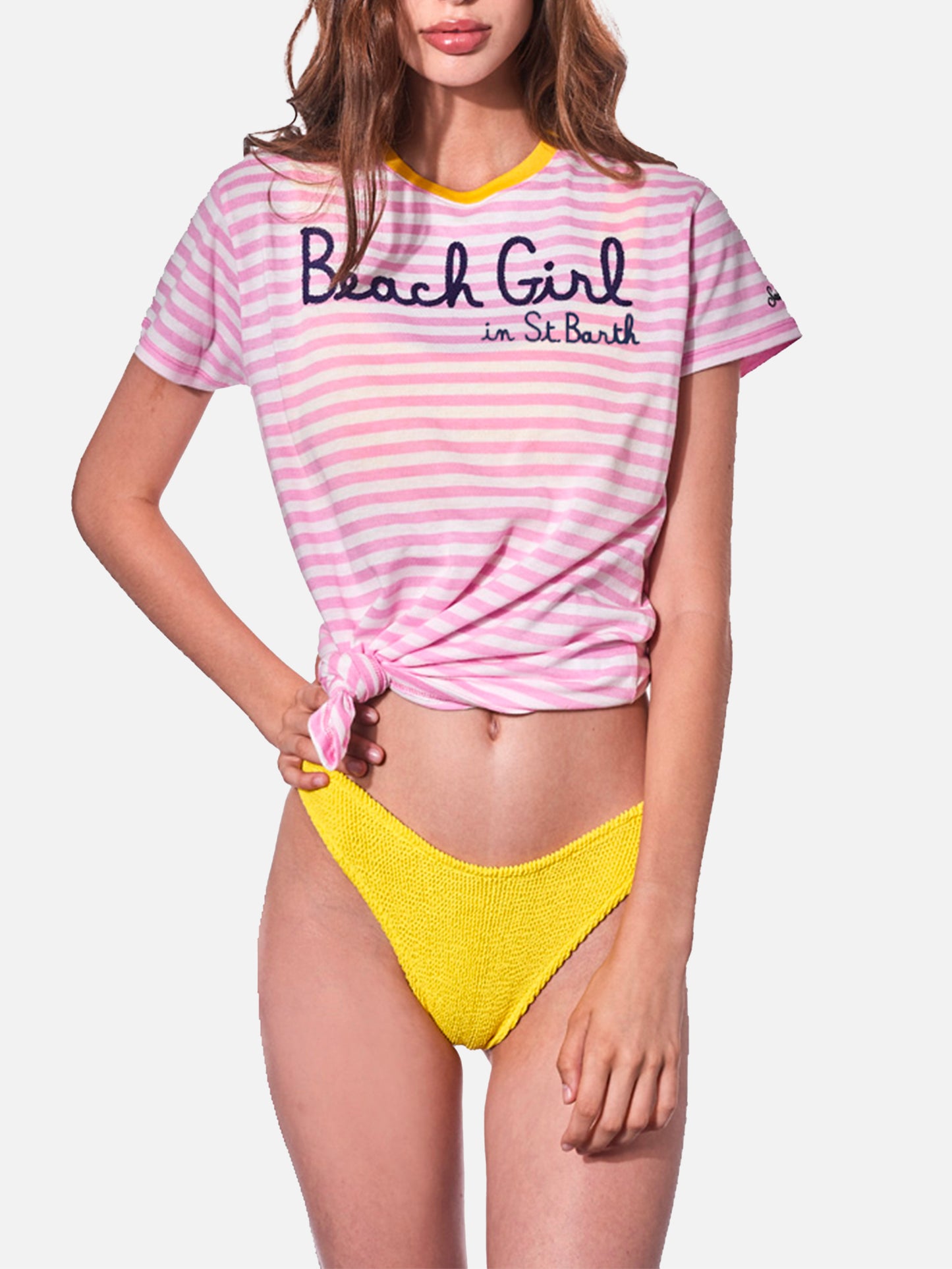 Rosa gestreiftes Damen-T-Shirt mit Beach Girl in St.Barth-Stickerei