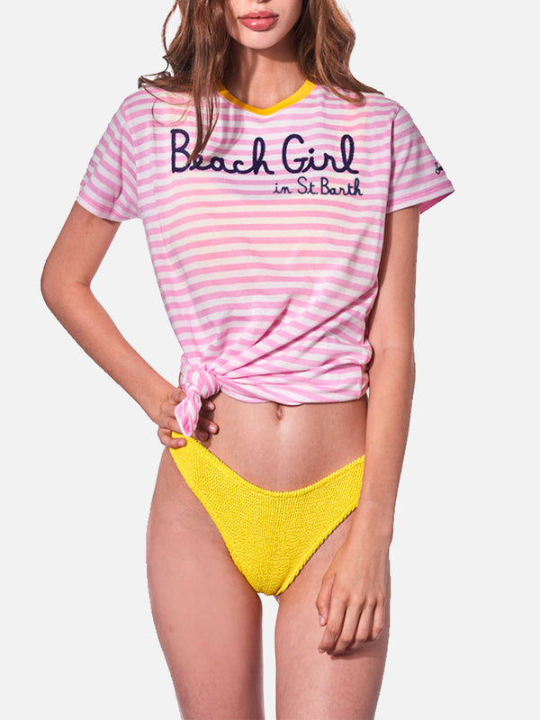 Woman pink striped t-shirt with Beach Girl embroidery