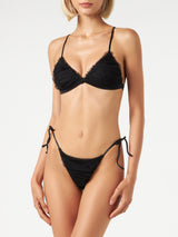 Triangle black bikini lapped with black shiny tulle