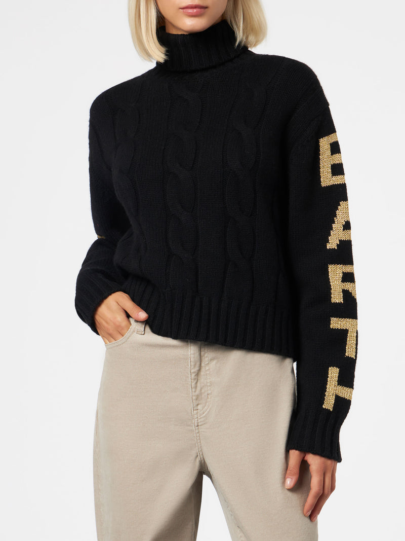 Woman turtleneck braided sweater with Saint Barth jacquard print