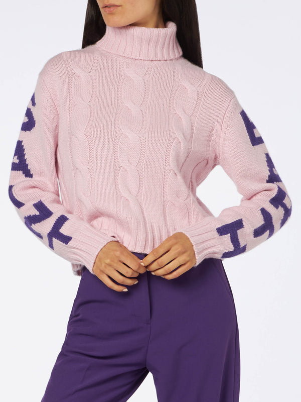 Woman turtleneck braided sweater with Saint Barth jacquard print