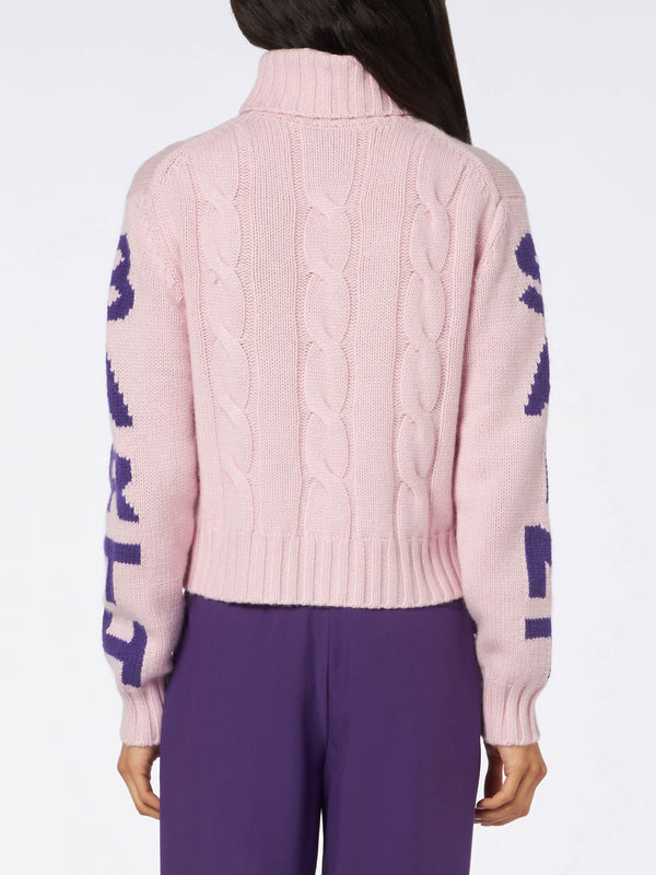 Woman turtleneck braided sweater with Saint Barth jacquard print