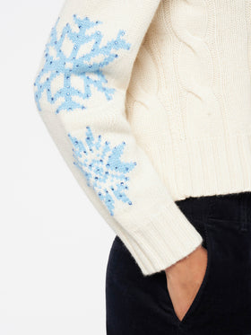 Maglione da donna intrecciato a collo alto con strass fiocco di neve