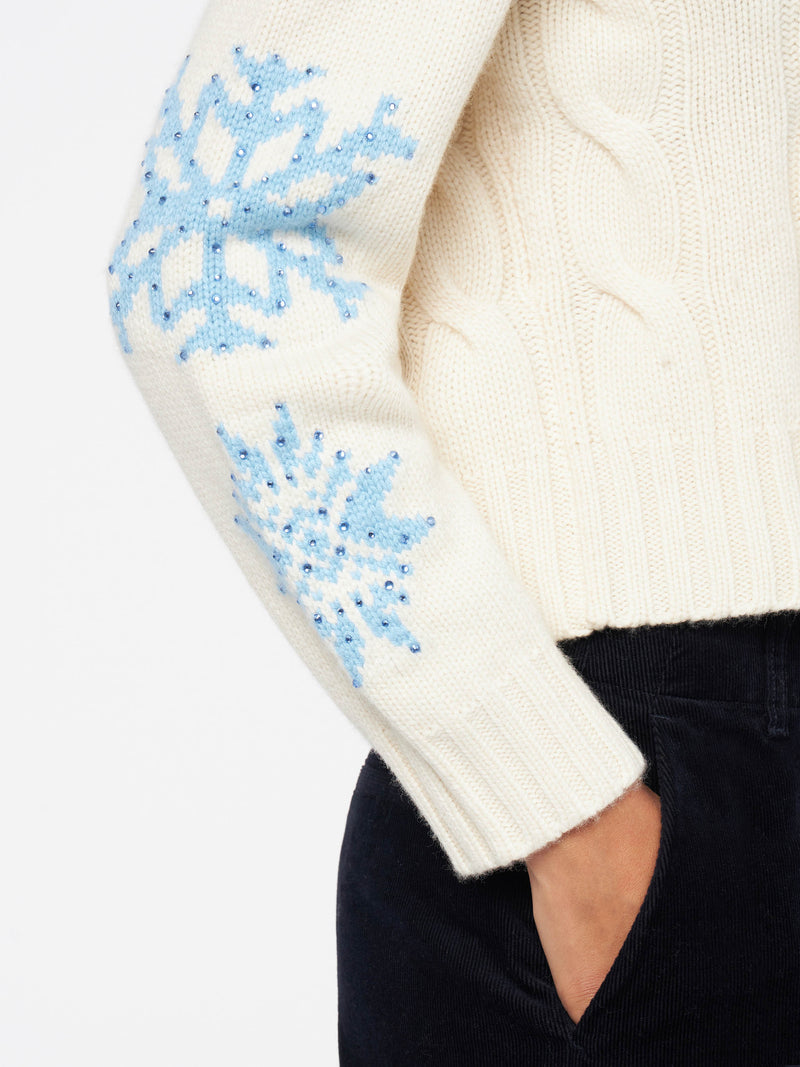 Woman turtleneck braided sweater with snowflake rhinestones