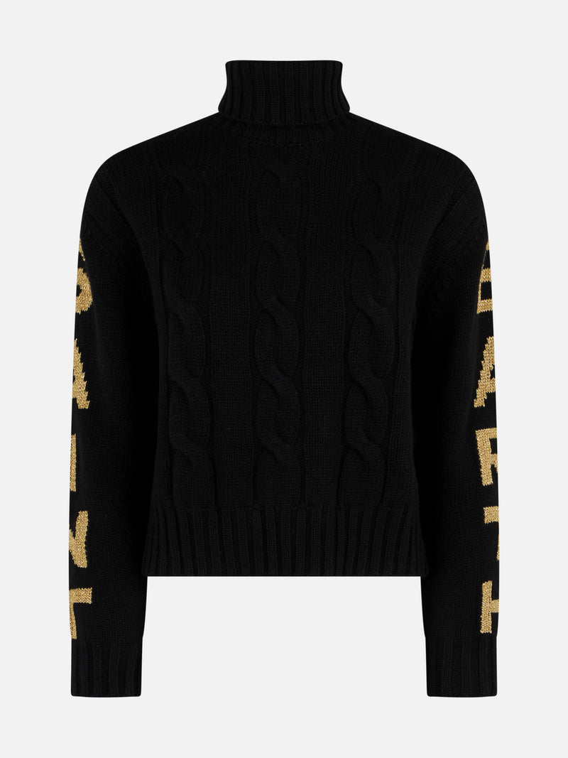 Woman turtleneck braided sweater with Saint Barth jacquard print