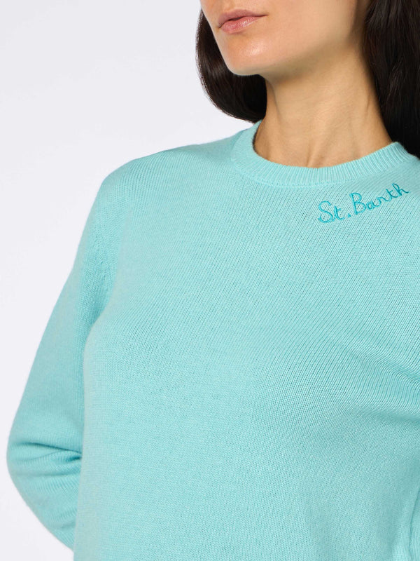 Maglia donna girocollo verde acqua con ricamo St. Barth