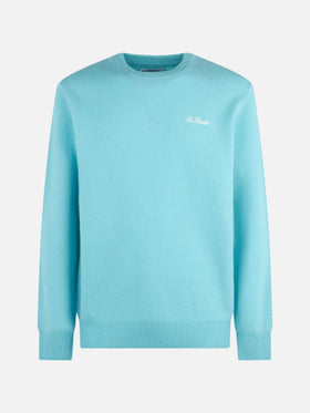 Wassergrüner Herrenpullover mit Rundhalsausschnitt und St. Barth-Stickerei