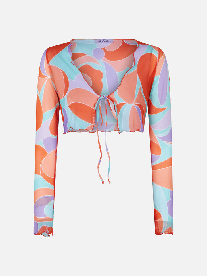Cardigan crop Elinor in tulle con stampa onde 