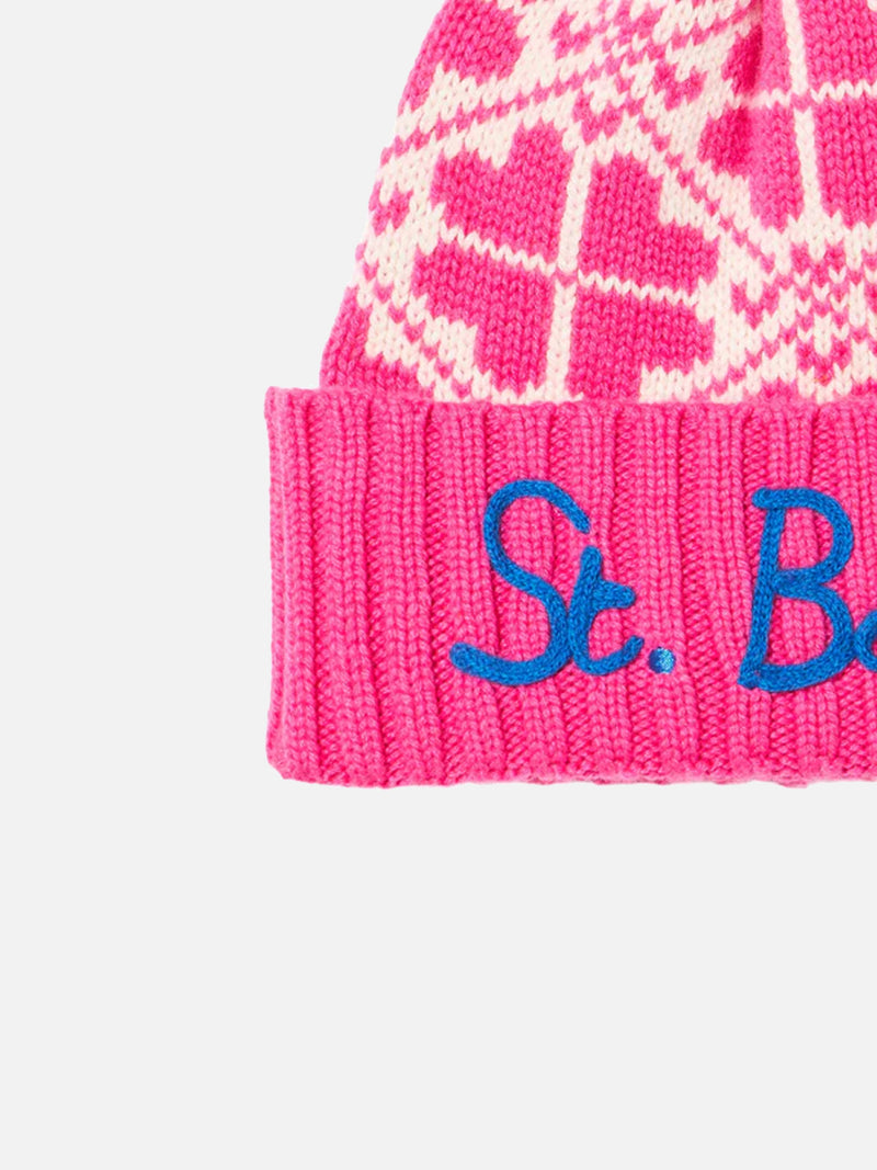 Woman fluo pink beanie with pattern