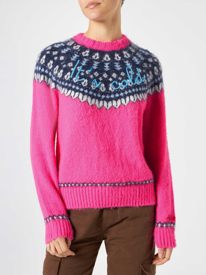 Fluo pink crewneck New Queen Nordic Soft with fair isle jacquard and It's cold  embroidery