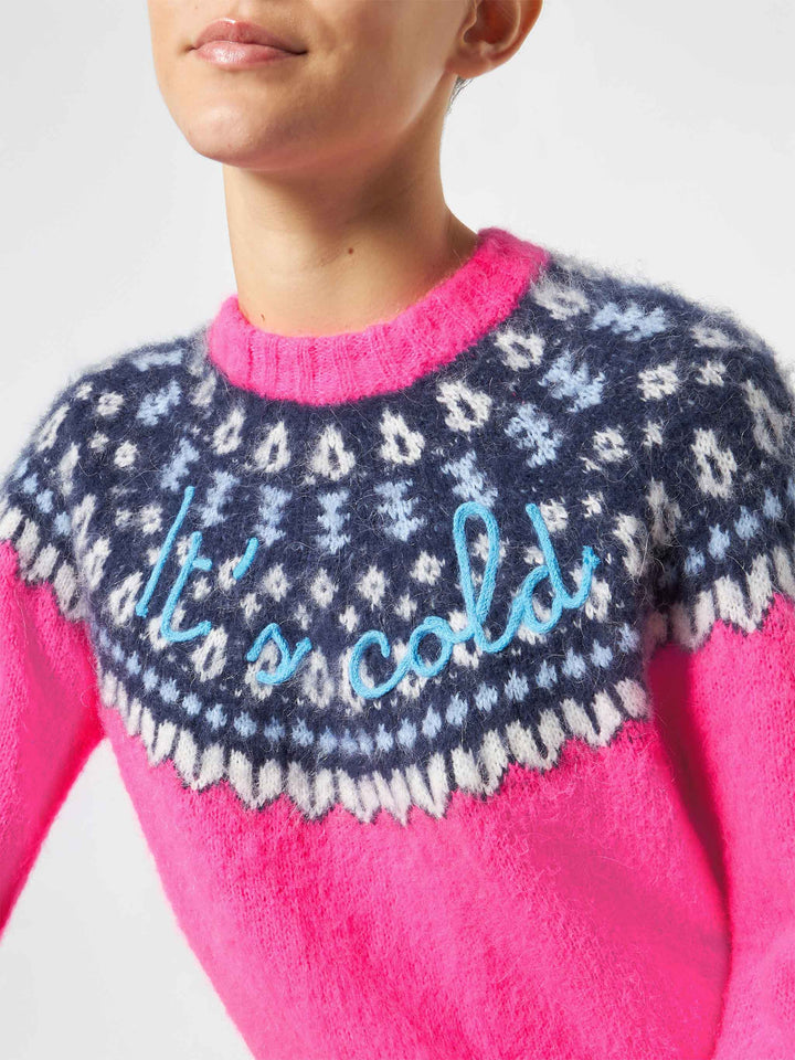 Fluo pink crewneck New Queen Nordic Soft with fair isle jacquard and It's cold  embroidery