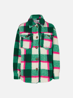 Woman sherpa overshirt with tartan pattern
